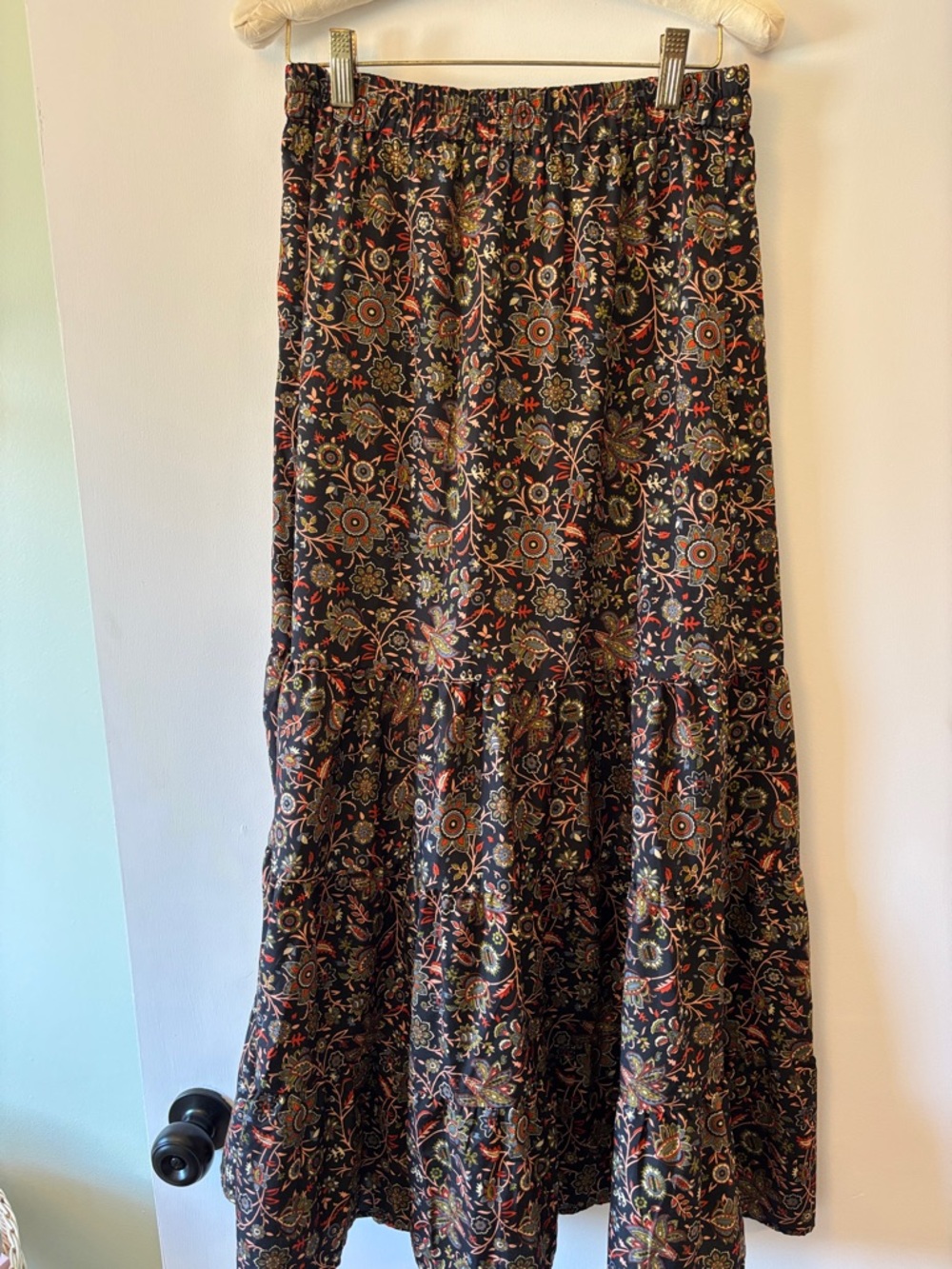 Black Floral Tiered Maxi Skirt with Elastic Waist